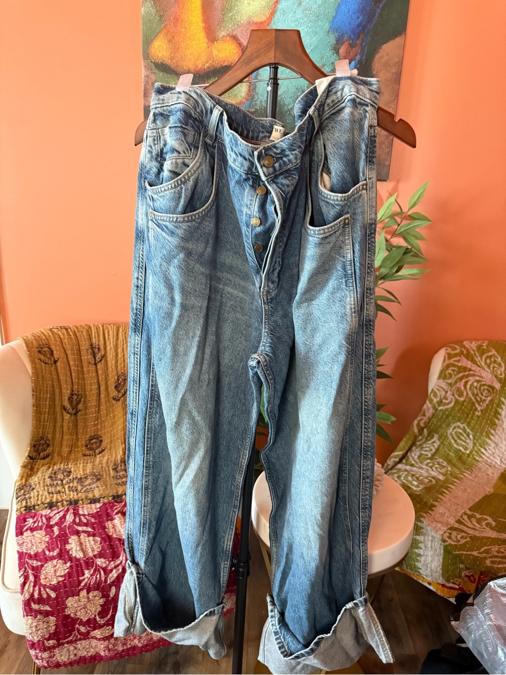 We The Free Faded Light Blue Boyfriend Jeans with Button Fly